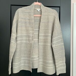 PureJill Open Front/Non-Closure Cardigan. Stripes in Gray/White. Size L Petite